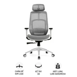 Ghế công thái học HYPERWORK Airy | Trắng, 120kg, Chân xoay, Lưng lưới