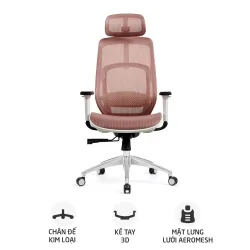 Ghế công thái học HYPERWORK Airy | Hồng, 120kg, Chân xoay, Lưng lưới