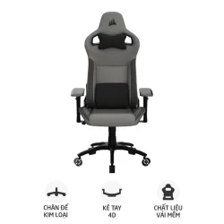 Ghế gaming CORSAIR T3 RUSH | Xám than, 120kg, Chân xoay, Lưng vải (CF-9010056-WW)