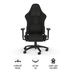 Ghế gaming CORSAIR TC100 RELAXED | Đen, 120kg, Chân xoay, Lưng vải (CF-9010051-WW)