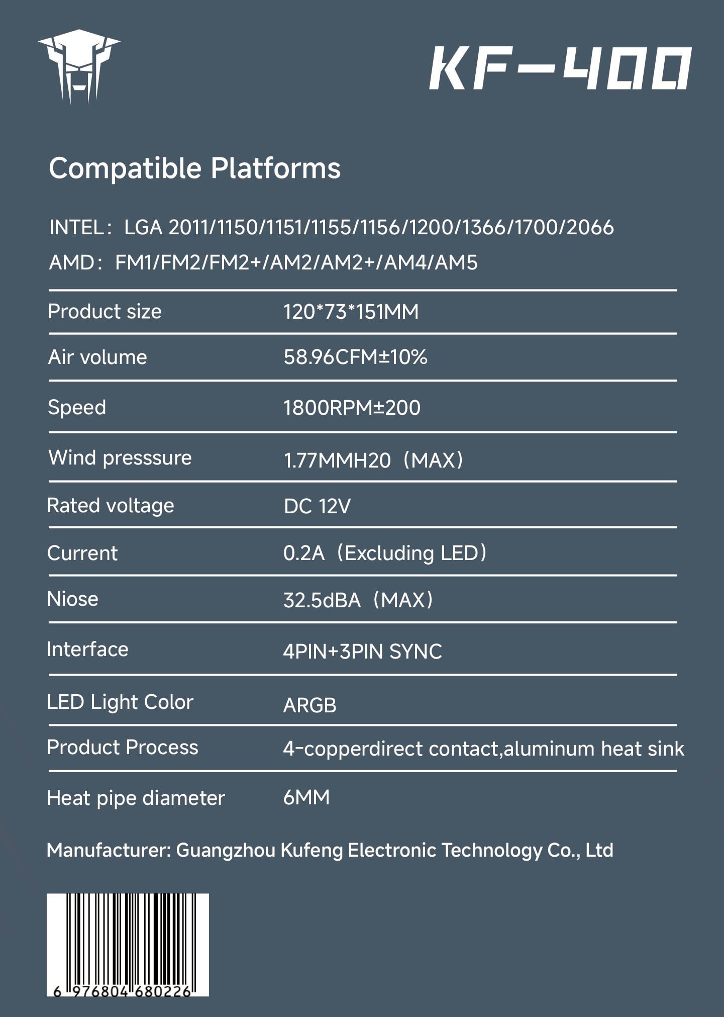 Tản nhiệt khí Leopard KF400 ARGB - Trắng