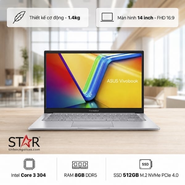 Laptop ASUS Vivobook 14 X1404MA-EB027W | Core 3 304, 8GB DDR5, SSD 512GB NVMe, 14