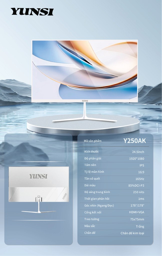 Màn hình Yunsi Y250AK 25 inch 165Hz Phẳng (FHD, 1ms, IPS, HDMI+VGA) (WHITE/BLACK)