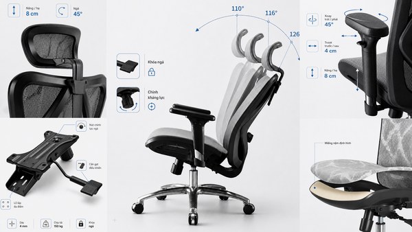 Ghế Công Thái Học GAMI M57 | Không gác chân, Khung Trắng, Lưới Xám