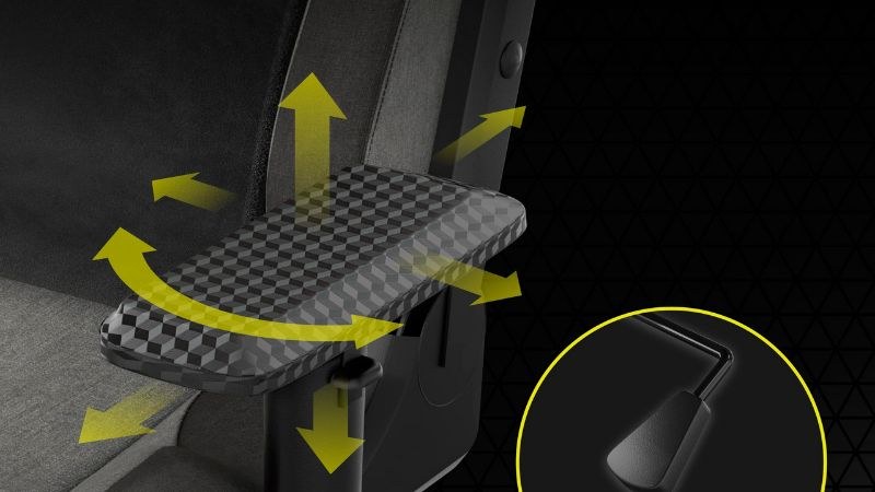 Ghế Corsair T3 Rush Fabric gaming không chỉ nổi bật ở thiết kế mà còn ở tính năng linh hoạt với tay vịn có thể điều chỉnh 4D