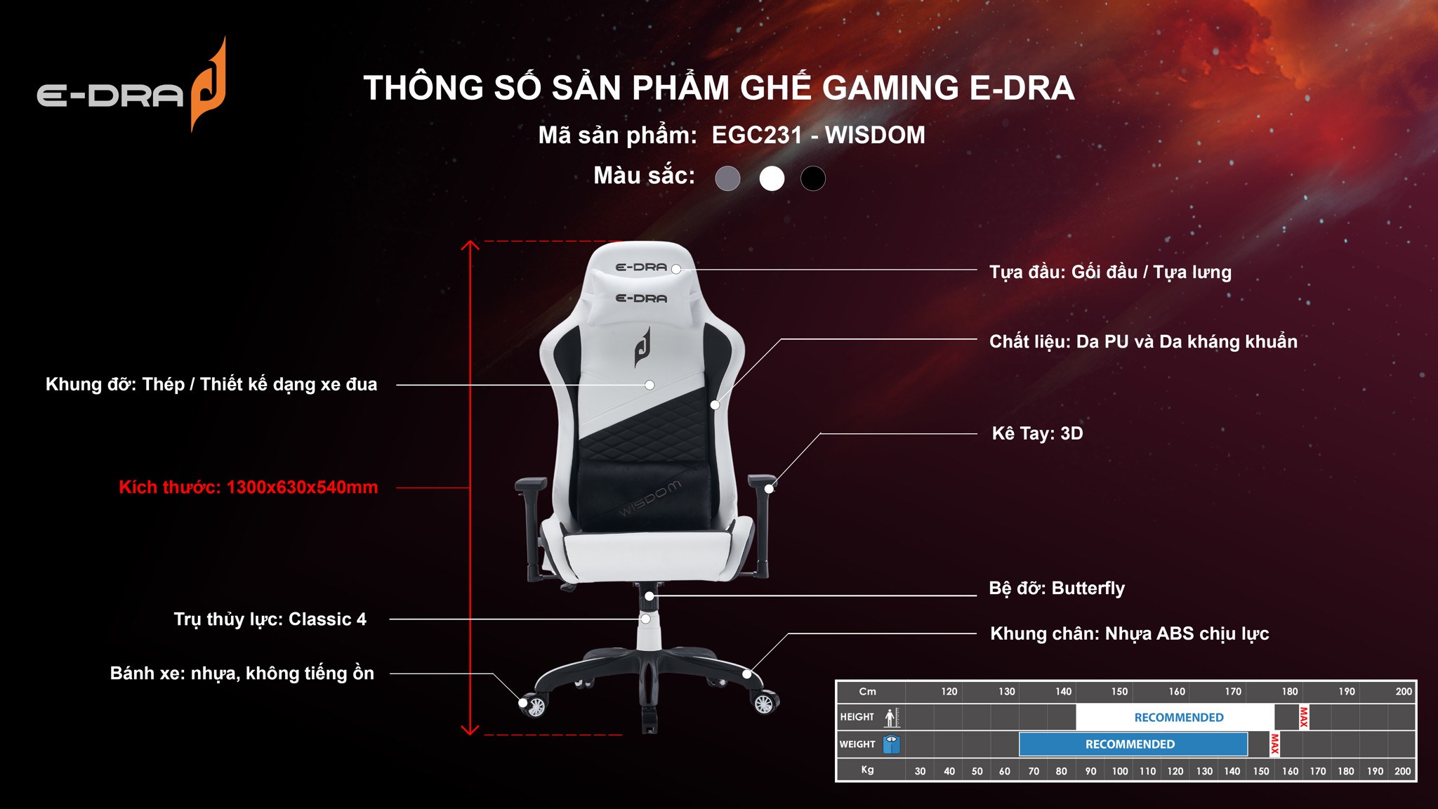 Ghế gaming E DRA WISDOM EGC231 | Đen, 120kg, Chân xoay, Da PU